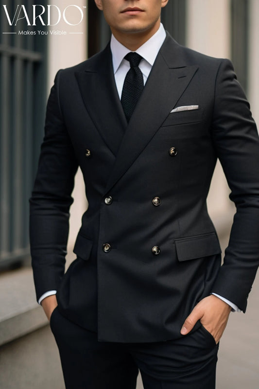 MEN'S FOUR BUTTON BLACK Double-Breasted Suit - Dapper Gentlemen's Choice - Classic Office & Event Attire