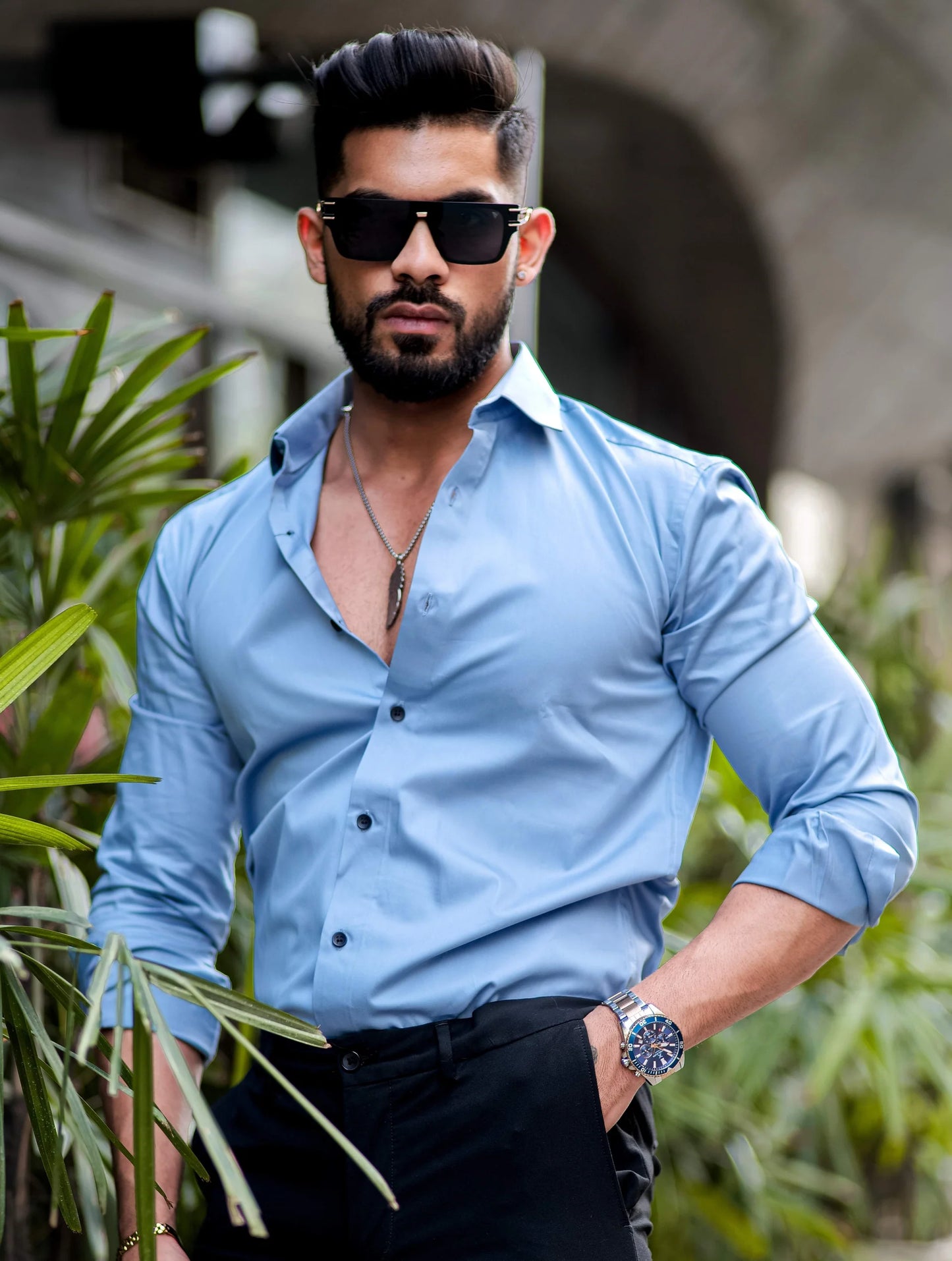 LIGHT BLUE IMPORTED SATIN LYCRA SHIRT