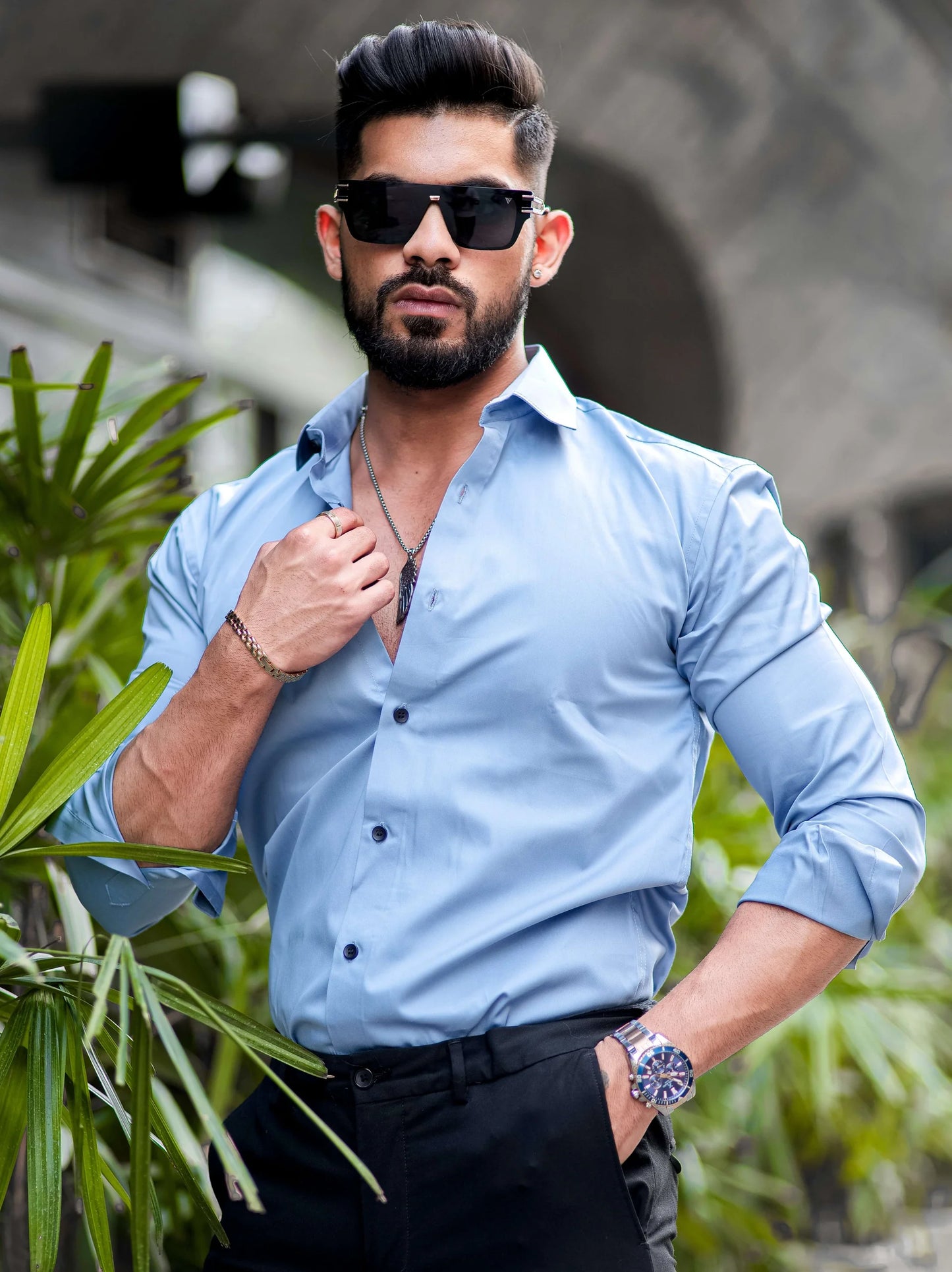 LIGHT BLUE IMPORTED SATIN LYCRA SHIRT