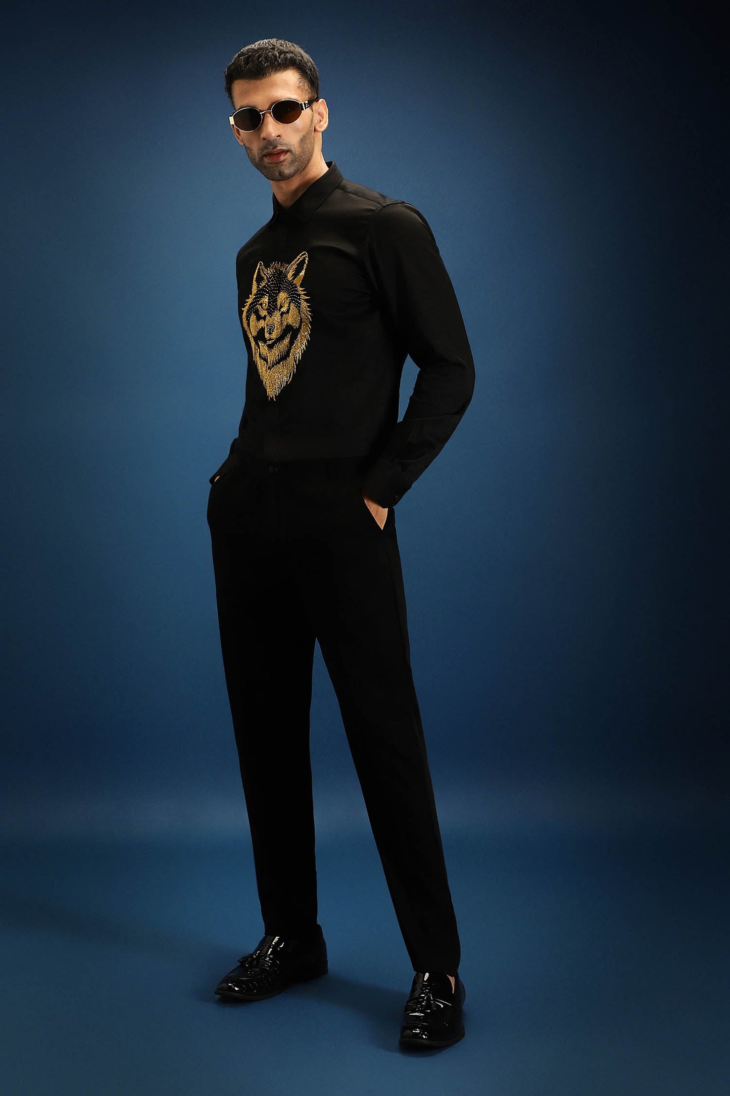 Wolf - Hand Embroidered Designer Shirt - Black