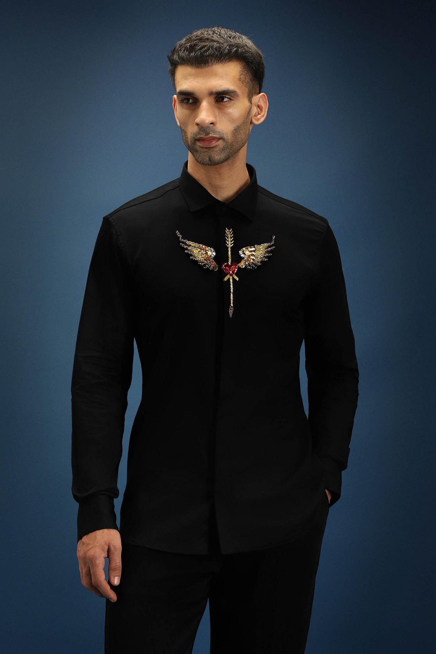 Heart Wing Hand Embroidered Designer Shirt - Black