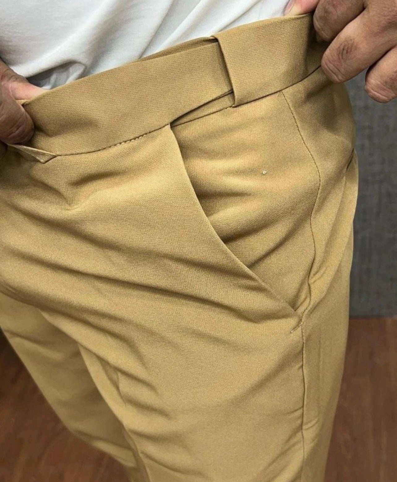 Beige Tan Pleated Trousers Suit Summer Pleated Side Adjusters